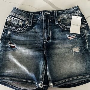 Miss Me Dark Wash Jean Shorts with Distressed Details